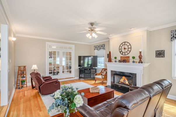 Fireplace, Interior, Living room, Recessed Lighting, Wood Texture Flooring