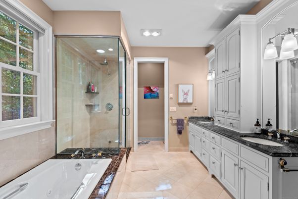 Bathroom, Dual Sink Vanities, Glass Shower, Interior, Recessed Lighting