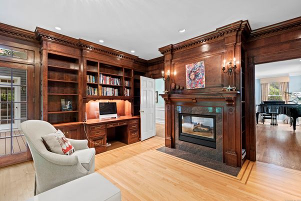 Fireplace, Home Office, Interior, Piano, Recessed Lighting, Wood Texture Flooring, Wooden Walls