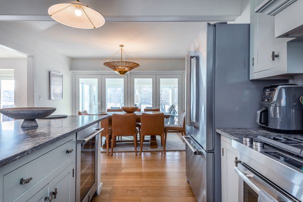 Dining room, Interior, Kitchen, Pendant Lights, Stainless Steel Appliances, Wood Texture Flooring