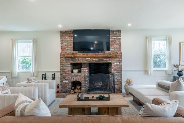 Fireplace, Interior, Living room, Recessed Lighting, Stone Walls