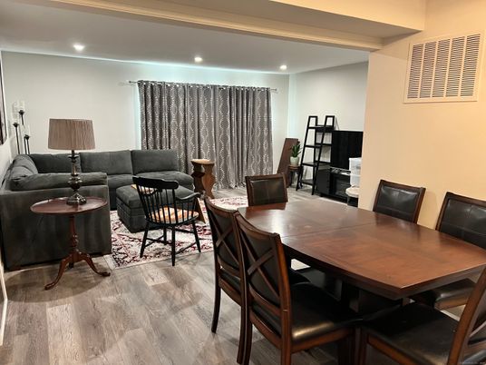 Dining room, Interior, Living room, Recessed Lighting, Wood Texture Flooring