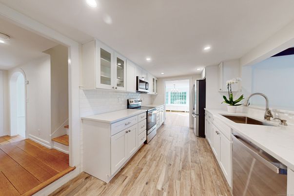 Interior, Kitchen, Recessed Lighting, Stainless Steel Appliances, Wood Texture Flooring