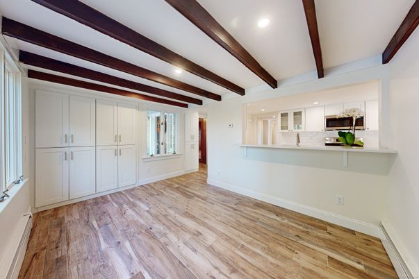 Empty room, Interior, Kitchen, Recessed Lighting, Wooden Beams, Wood Texture Flooring