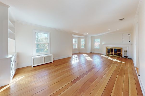 Empty room, Fireplace, Interior, Recessed Lighting, Wood Texture Flooring