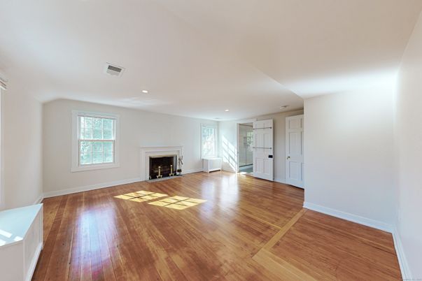 Empty room, Fireplace, Interior, Recessed Lighting, Wood Texture Flooring