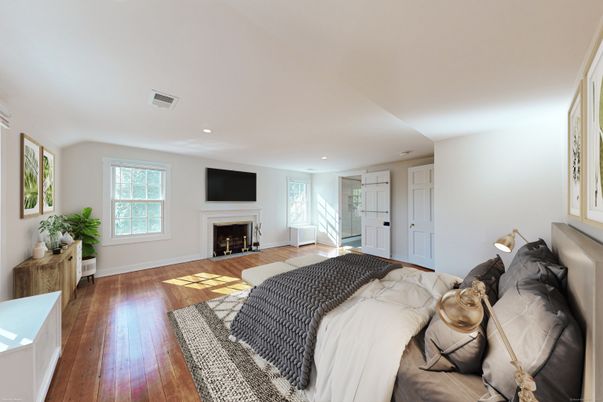Bedroom, Fireplace, Interior, Recessed Lighting, Wood Texture Flooring