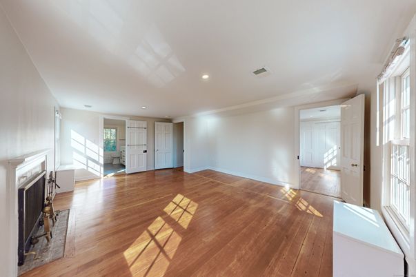 Empty room, Fireplace, Interior, Recessed Lighting, Wood Texture Flooring