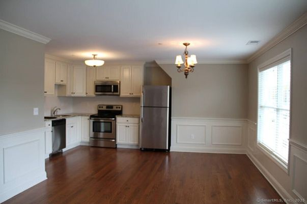 Chandelier, Interior, Kitchen, Stainless Steel Appliances, Wood Texture Flooring