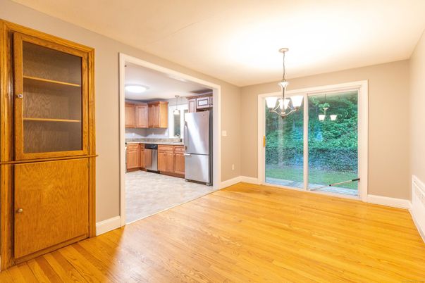 Chandelier, Interior, Kitchen, Stainless Steel Appliances, Wood Texture Flooring