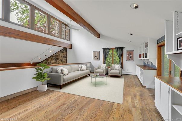 Interior, Living room, Recessed Lighting, Stone Walls, Wooden Beams, Wood Texture Flooring