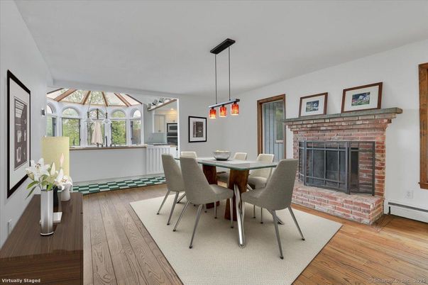 Dining room, Fireplace, Interior, Pendant Lights, Wood Texture Flooring