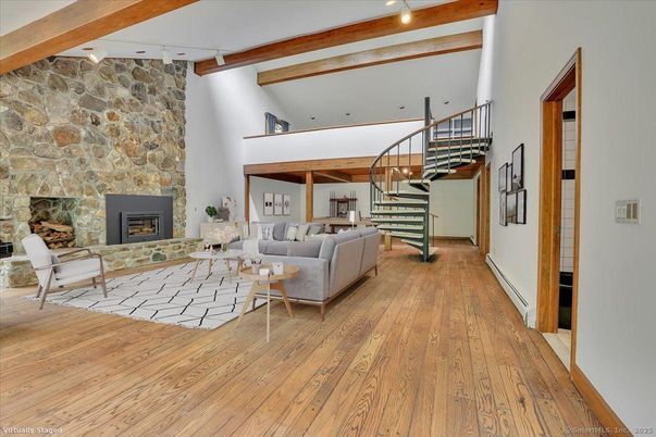 Fireplace, Interior, Living room, Stone Walls, Wooden Beams, Wood Texture Flooring