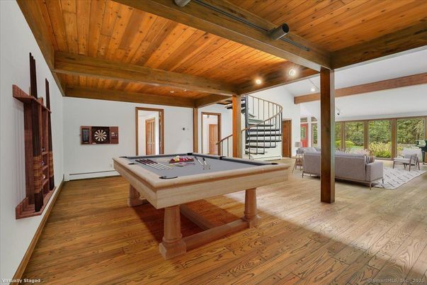 Billiard Table, Game Room, Interior, Wooden Beams, Wooden Ceilings, Wood Texture Flooring