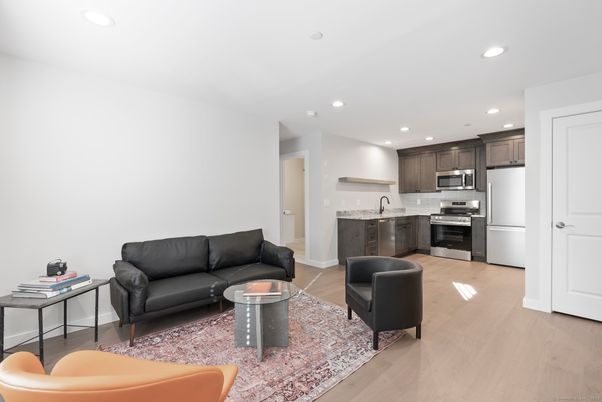 Interior, Kitchen, Living room, Recessed Lighting, Stainless Steel Appliances, Wood Texture Flooring