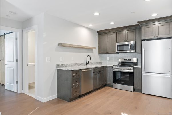 Interior, Kitchen, Recessed Lighting, Stainless Steel Appliances, Wood Texture Flooring