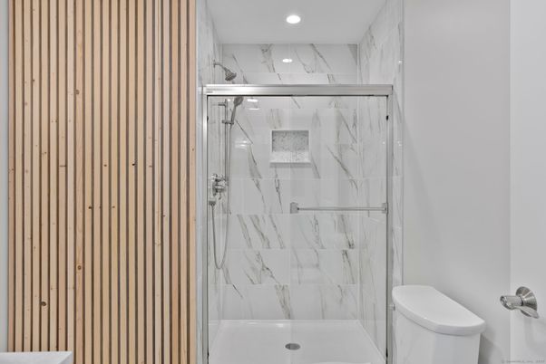 Bathroom, Glass Shower, Interior, Marble Walls, Recessed Lighting