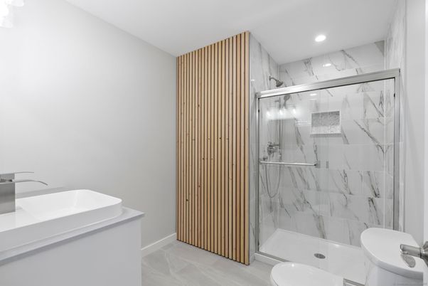 Bathroom, Glass Shower, Interior, Marble Walls, Recessed Lighting