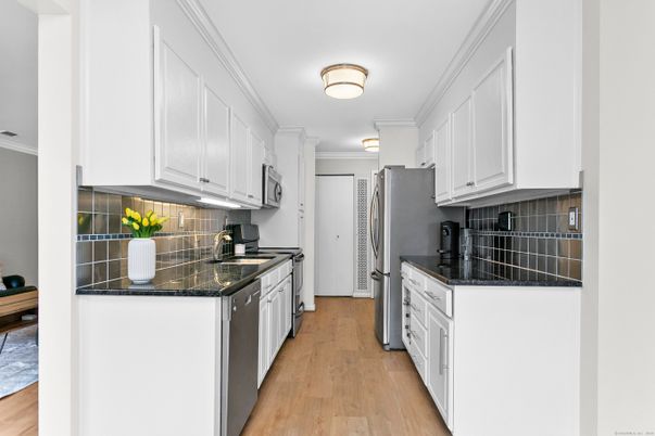 Interior, Kitchen, Tile Countertops, Wood Texture Flooring