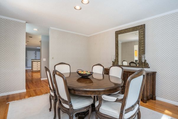 Dining room, Interior, Recessed Lighting, Wood Texture Flooring