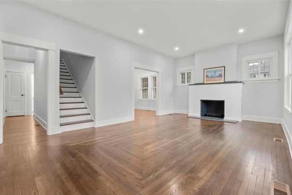 Empty room, Fireplace, Interior, Recessed Lighting, Wood Texture Flooring