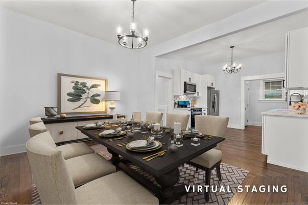 Chandelier, Dining room, Interior, Kitchen, Pendant Lights, Stainless Steel Appliances, Wood Texture Flooring