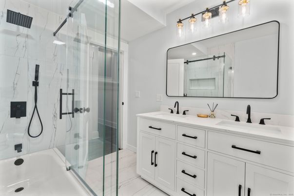Bathroom, Dual Sink Vanities, Glass Shower, Interior, Marble Walls