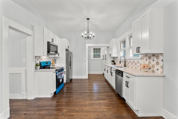 Chandelier, Interior, Kitchen, Pendant Lights, Stainless Steel Appliances, Wood Texture Flooring
