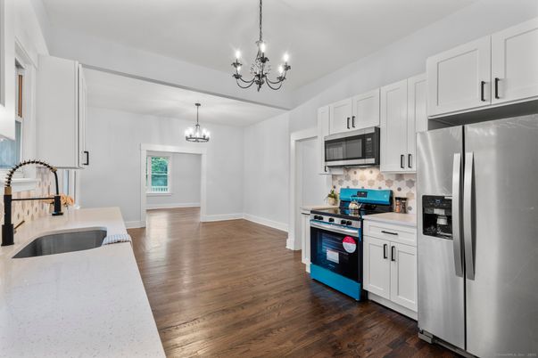 Chandelier, Interior, Kitchen, Stainless Steel Appliances, Wood Texture Flooring