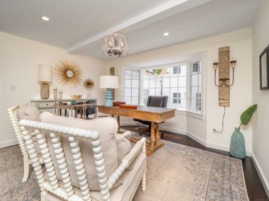 Chandelier, Home Office, Interior, Recessed Lighting, Wood Texture Flooring