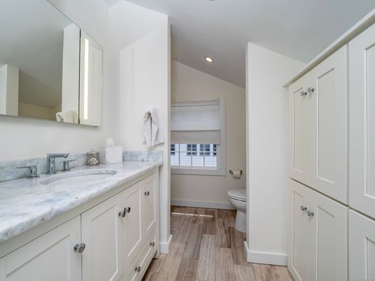 Bathroom, Dual Sink Vanities, Interior, Recessed Lighting, Wood Texture Flooring