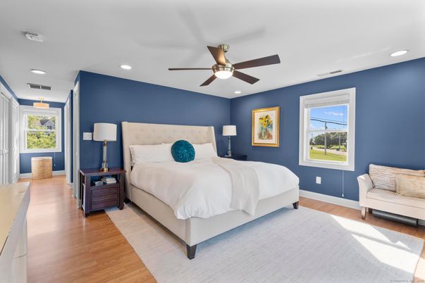 Bedroom, Interior, Recessed Lighting, Wood Texture Flooring