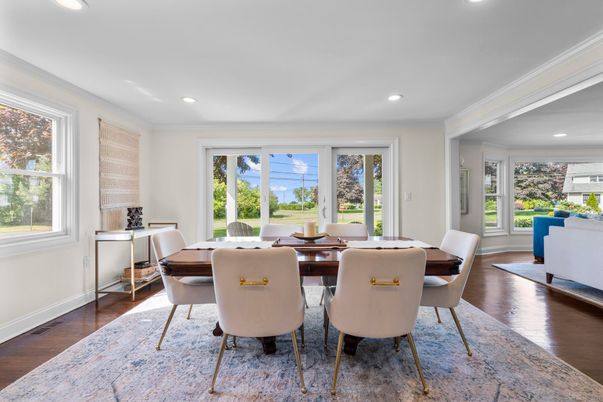 Dining room, Interior, Recessed Lighting, Wood Texture Flooring