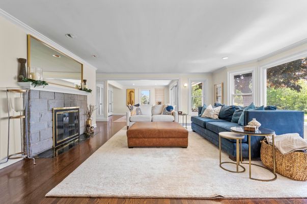 Fireplace, Interior, Living room, Recessed Lighting, Wood Texture Flooring