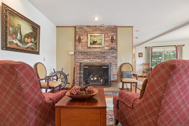 Fireplace, Interior, Living room, Recessed Lighting, Stone Walls
