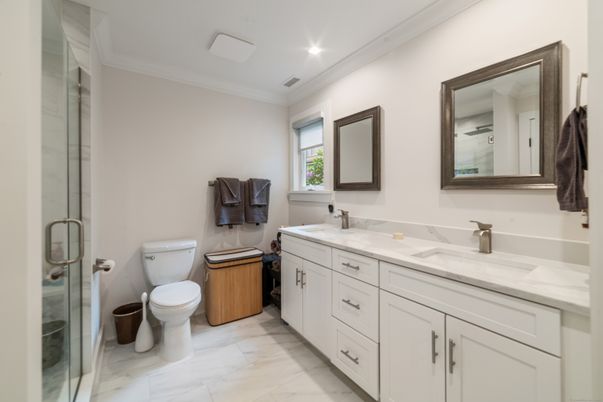 Bathroom, Dual Sink Vanities, Glass Shower, Interior, Marble, Recessed Lighting