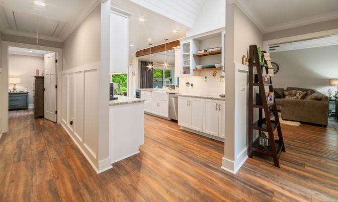 Interior, Kitchen, Living room, Recessed Lighting, Wood Texture Flooring