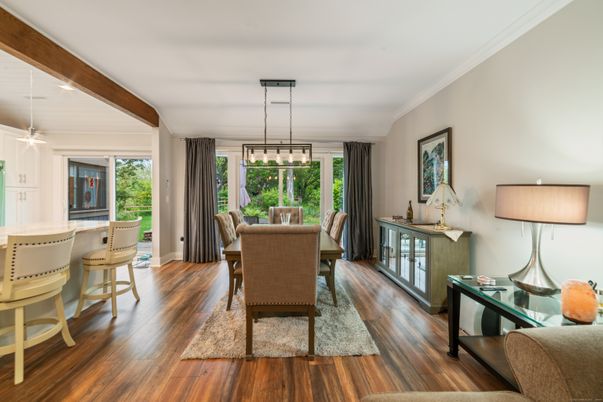 Dining room, Interior, Pendant Lights, Recessed Lighting, Wooden Beams, Wood Texture Flooring
