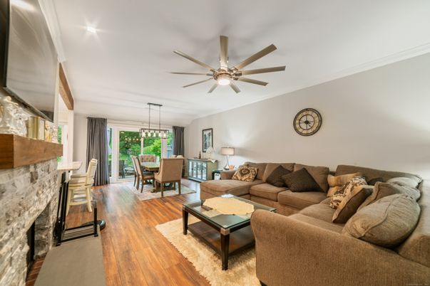 Dining room, Fireplace, Interior, Living room, Pendant Lights, Wood Texture Flooring