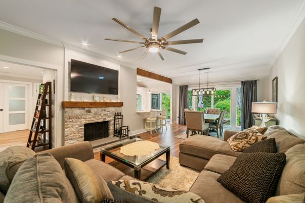 Dining room, Fireplace, Interior, Living room, Pendant Lights, Recessed Lighting, Wood Texture Flooring