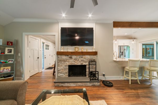 Fireplace, Interior, Kitchen, Pendant Lights, Recessed Lighting, Wood Texture Flooring