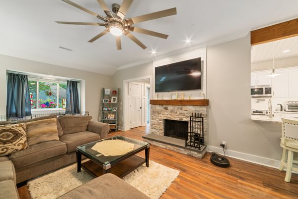 Fireplace, Interior, Living room, Recessed Lighting, Wood Texture Flooring