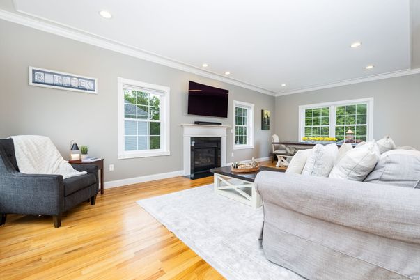 Fireplace, Interior, Living room, Recessed Lighting, Wood Texture Flooring
