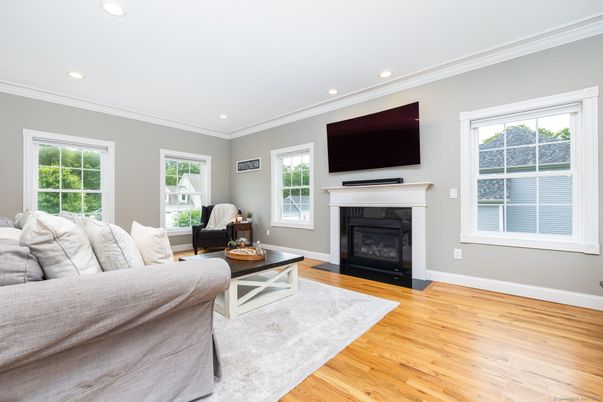 Fireplace, Interior, Living room, Recessed Lighting, Wood Texture Flooring