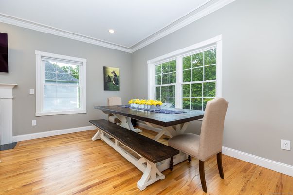 Dining room, Interior, Recessed Lighting, Wood Texture Flooring
