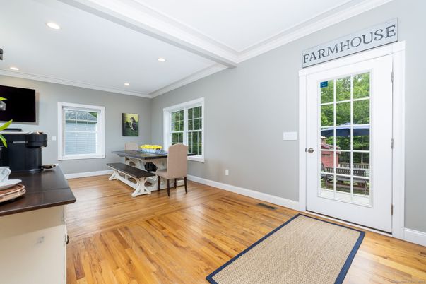 Dining room, Interior, Recessed Lighting, Wood Texture Flooring
