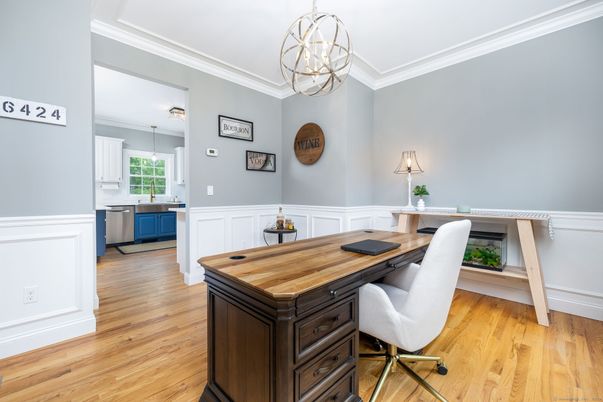 Chandelier, Home Office, Interior, Pendant Lights, Wood Texture Flooring
