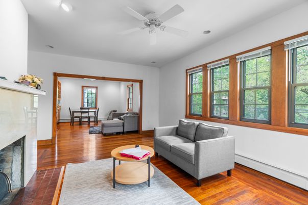 Fireplace, Interior, Living room, Recessed Lighting, Wood Texture Flooring