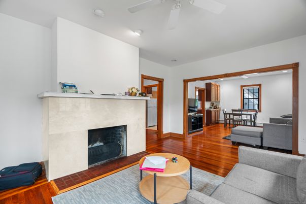 Dining room, Fireplace, Interior, Living room, Wood Texture Flooring