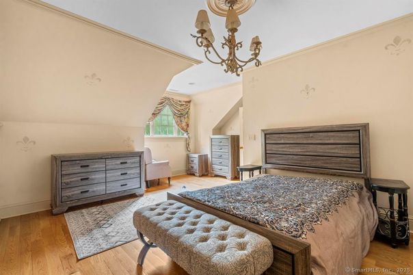 Bedroom, Chandelier, Interior, Wood Texture Flooring
